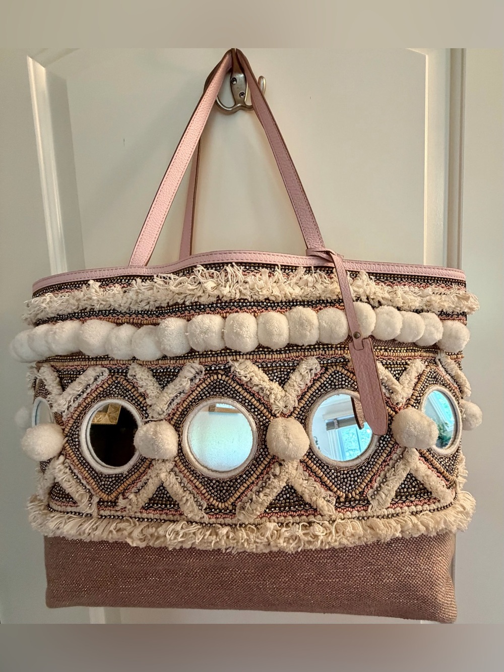 One-of-a-Kind Rebecca Minkoff Boho Dreamy Tote Bag with Mirrors, & Pom Poms